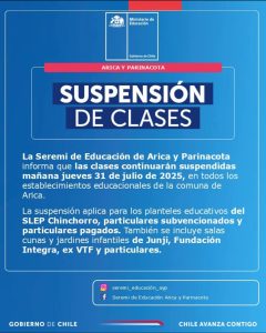Se mantiene suspensión de clases para el Jueves 31-07